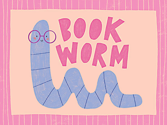 Rachel Nieman RN810 - RN810 - Book Worm     - 16x12 animals, hobbies & entertainment, typography, juvenile, backgrounds & patterns, stylized animals, literature, children, word art, worm, glasses, reading, whimsical, feminine, digital illustration, pink from Penny Lane