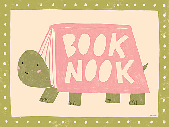 Rachel Nieman RN811 - RN811 - Book Nook Turtle    - 16x12 animals, juvenile, typography, hobbies & entertainment, backgrounds & patterns, stylized animals, children, literature, word art, turtle, reading, book, cute, whimsical, decorative, digital illustration, green from Penny Lane