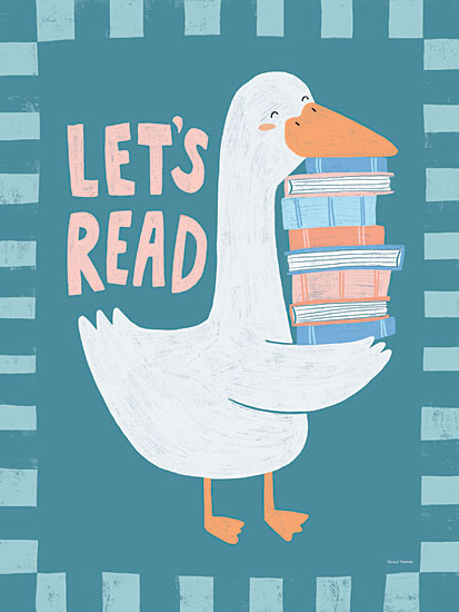 Rachel Nieman RN812 - RN812 - Let's Read Goose     - 12x16 animals, typography, hobbies & entertainment, backgrounds & patterns, juvenile, birds, literature, word art, children, goose, books, reading, learning, cute, striped border, whimsical, decorative, digital illustration, blue from Penny Lane