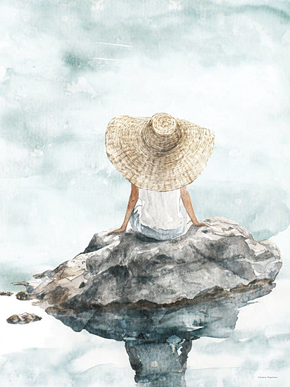 Svetlana Aleinikova SA166 - SA166 - A Moment of Reflection - 12x16 figurative, coastal, landscape, beach, sky, straw hat, rocks, reflection, painterly, feminine, watercolor, blue from Penny Lane