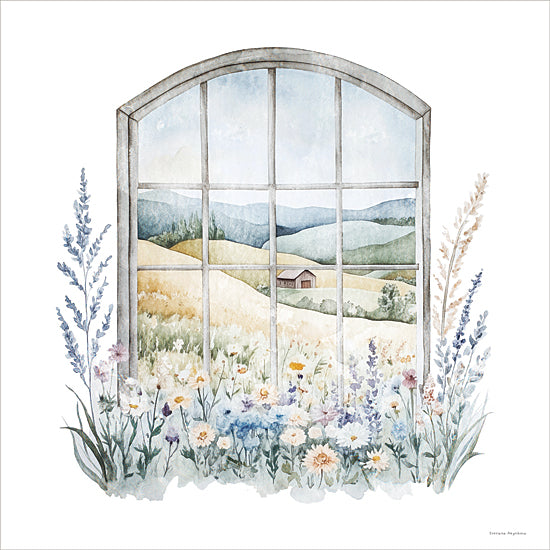 Svetlana Aleinikova SA178 - SA178 - Window to Spring - 12x12 botanical, landscape, floral, greenery, country, rural, sky, wildflowers, lavender, daisies, rolling hills, farmhouse, window view, whimsical, painterly, watercolor, multicolor from Penny Lane