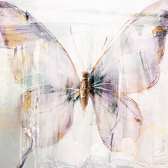 Svetlana Aleinikova SA194 - SA194 - Gilded Beauty - 12x12 pastel butterfly, lavender wings, abstract insect art, mixed media watercolor, soft gold accents, airy white background, translucent wings, delicate nature motif, contemporary butterfly painting, ethereal feminine decor, painterly texture, modern botanical insect artwork from Penny Lane