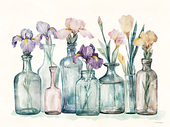 Svetlana Aleinikova SA214 - SA214 - Iris Still Life - 16x12 watercolor bottles, iris flowers, glass vases, still life painting, botanical art, delicate pastel colors, transparent glass, floral arrangement, watercolor illustration, spring decor from Penny Lane