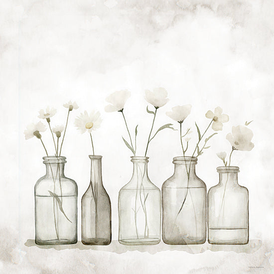 Svetlana Aleinikova SA219 - SA219 - Vases of Joy - 12x12 white flowers in glass bottles, minimalist floral still life, soft neutral watercolor, delicate stems, airy botanical composition, pale green jars, simple cottage flowers, fresh cut blossoms, serene wall art, light and airy decor, translucent glass, gentle painterly style from Penny Lane