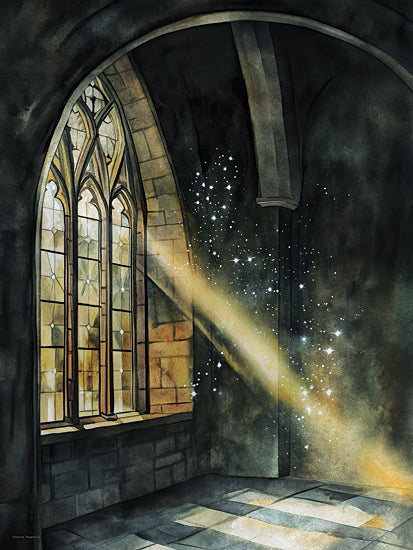Svetlana Aleinikova SA240 - SA240 - Light Through Grace - 12x16 gothic window, church interior, sunbeam, magical light, sparkling dust, cathedral arch, fantasy atmosphere, illuminated room, sacred architecture, ethereal glow, mysterious interior, dramatic shadows, spiritual ambiance, celestial light, moody watercolor scene from Penny Lane