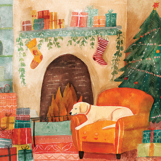 Svetlana Aleinikova SA322 - SA322 - A Winter Rest - 12x12 christmas living room, cozy fireplace, sleeping dog, armchair, christmas tree, stockings on mantle, wrapped gifts, holiday interior, warm winter scene, festive home decor, cozy cabin aesthetic, painterly illustration, holiday atmosphere from Penny Lane