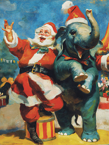 Svetlana Aleinikova SA341 - SA341 - Santa and the Elephant - 12x16 santa claus and elephant, christmas parade, whimsical holiday art, festive characters, santa hat, joyful celebration, colorful painterly illustration, circus elephant, holiday cheer, christmas decor, playful seasonal scene, red blue palette, humorous christmas print, fantasy holiday artwork, festive wall art from Penny Lane