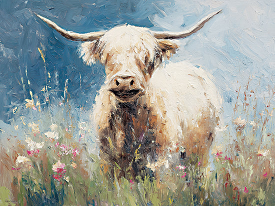 Svetlana Aleinikova SA352 - SA352 - The Meadow Watcher - 16x12 highland cow with flowers, bees and daisies, whimsical farm animal, rustic floral crown cow, pastoral countryside artwork, textured palette knife painting from Penny Lane