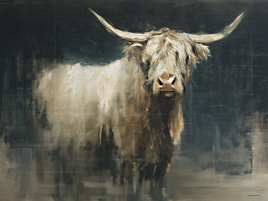 Svetlana Aleinikova SA359 - SA359 - Shadowed Grace - 16x12 animals, western, farm animals, ranch life, cow, highland cow, cattle, horns, shaggy, rustic, countryside, moody, painterly, oil painting, neutral from Penny Lane