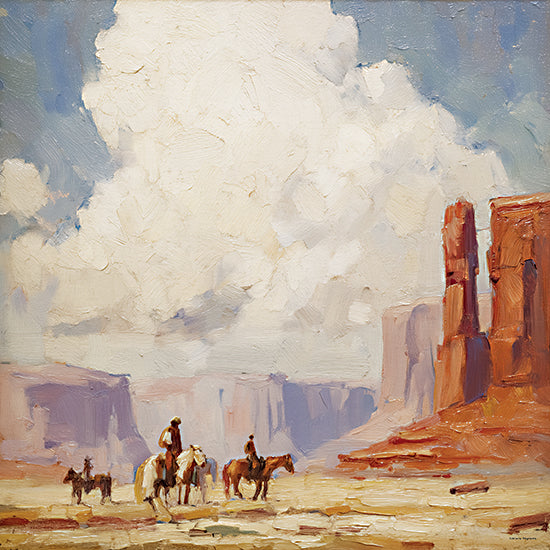 Svetlana Aleinikova SA397 - SA397 - Cowboy Companions - 12x12 western, landscape, animals, figurative, cowboy, desert, wildlife, canyons, mesa, riders, cumulus clouds, arid, rugged, painterly, vintage, oil painting, orange from Penny Lane