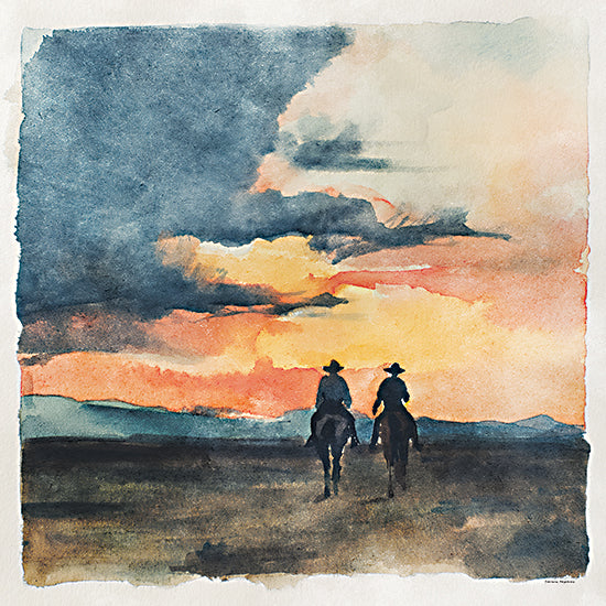 Svetlana Aleinikova SA399 - SA399 - Sunset Riders - 12x12 cowboys riding horses, western sunset, watercolor painting, open landscape, dramatic sky, silhouette, horizon, dusk, cowboy art, painterly texture from Penny Lane