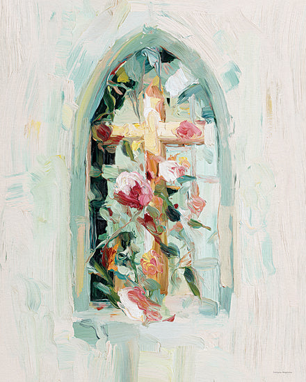Svetlana Aleinikova SA407 - SA407 - Glass and Grace - 12x16 religious & spiritual, botanical, symbols & icons, floral, greenery, church window, rose, cross, arch, painterly, contemporary, oil painting, cream from Penny Lane