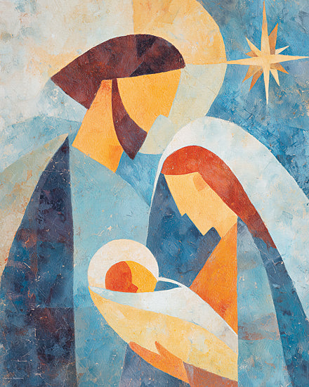 Svetlana Aleinikova SA409 - SA409 - Eternal Bond - 12x16 nativity, holy family, mary joseph baby jesus, star of bethlehem, modern geometric religious painting, christian nativity scene, sacred family, spiritual christmas art, blue gold red palette, stylized figures from Penny Lane