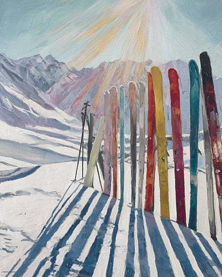 Svetlana Aleinikova SA416 - SA416 - Sunbeams and Skis - 12x16 colorful skis in snow, ski resort mountains, winter sports equipment fence, alpine sunlight rays, ski lodge scene from Penny Lane