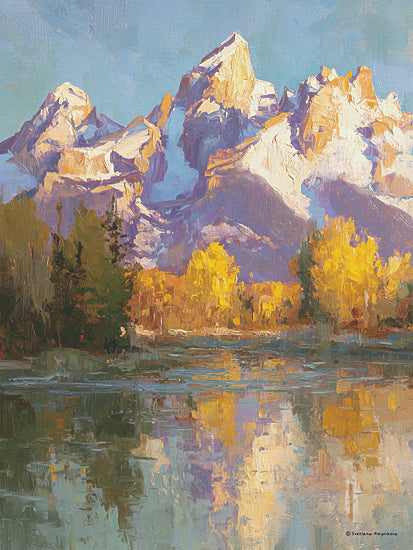 Svetlana Aleinikova SA427 - SA427 - Above the Trees - 12x16 snowy mountain landscape, alpine peaks, autumn trees, lake reflection, golden aspens, painterly mountains, scenic wilderness, grand teton style, tranquil lake, fall colors, majestic nature, outdoor lodge decor, blue purple mountains, reflective water, national park inspired art from Penny Lane