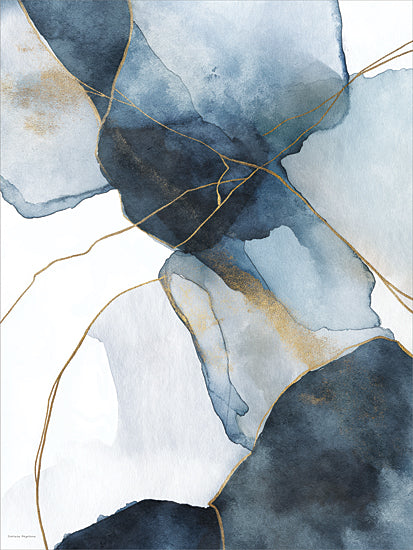 Svetlana Aleinikova SA473 - SA473 - Wandering Shadows - 12x16 abstract watercolor composition, blue ink shapes, gold vein lines, fluid organic design, modern wall art from Penny Lane
