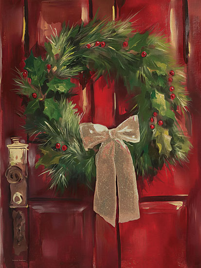 Svetlana Aleinikova SA552 - SA552 - A Holiday Welcome - 12x16 holidays & seasonal, botanical, home spaces, christmas, winter, greenery, leaves, entry, wreath, door, pine, holly, berries, bow, doorknob, painterly, decorative, oil painting, red from Penny Lane