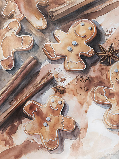 Svetlana Aleinikova SA564 - SA564 - Sweet & Spicy - 12x16 gingerbread cookies, cinnamon sticks, star anise, holiday baking, cookie icing, smiling gingerbread people, warm brown watercolor, Christmas treats, kitchen spices, festive dessert, baking ingredients, sweet still life from Penny Lane