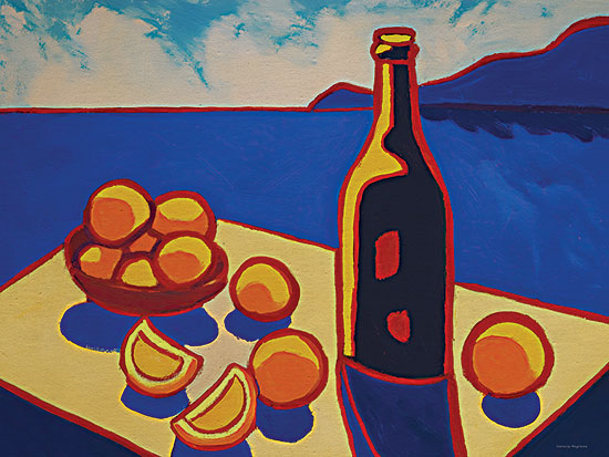 Svetlana Aleinikova SA638 - SA638 - Mediterranean Table - 16x12 food & drink, still life, coastal, landscape, fruit & vegetables, oranges, bottle, sea, sky, island, painterly, acrylic, blue from Penny Lane