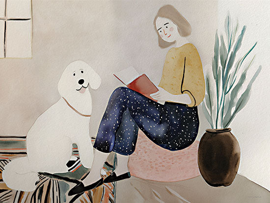 Svetlana Aleinikova SA836 - SA836 - Quiet Evening at Home - 16x12 figurative, animals, hobbies & entertainment, home spaces, botanical, pets, literature, greenery, dog, poodle, woman, reading a book, houseplant, indoor, cozy, whimsical, feminine, digital illustration, neutral from Penny Lane