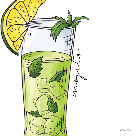 Susan Ball SB1467 - SB1467 - Mojito    - 12x12 mojito illustration, lime wedge, mint leaves, green cocktail, highball glass, refreshing drink art, hand-drawn beverage, kitchen decor, bar cart print, summer cocktail, playful line drawing, food and drink artwork, ice cubes, fresh citrus mint, contemporary beverage illustration from Penny Lane