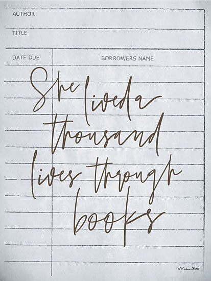 Susan Ball SB1523 - SB1523 - She Lived a Thousand Lives Through Books - 12x16 typography, hobbies & entertainment, backgrounds & patterns, literature, inspirational, word art, library card, quote, reading, book lover, vintage paper, script font, vintage, feminine, digital illustration, neutral from Penny Lane