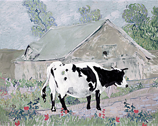 Stellar Design Studio SDS1588 - SDS1588 - Bernice at the Barn - 16x12 cow, farmhouse, pastoral landscape, black and white cow, rustic barn, country field, flowers, rural farm scene from Penny Lane