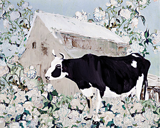 Stellar Design Studio SDS1589 - SDS1589 - Betsy at the Barn - 16x12 cow, farmhouse, blooming tree, pastoral farm scene, black and white cow, rustic barn, countryside painting from Penny Lane