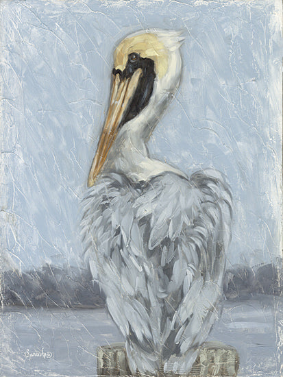 Sara G. Designs SGD311 - SGD311 - By the Bay - 12x16 animals, coastal, birds, wildlife, nautical, pelican, water, pier, distressed, painterly, vintage, oil painting, blue from Penny Lane