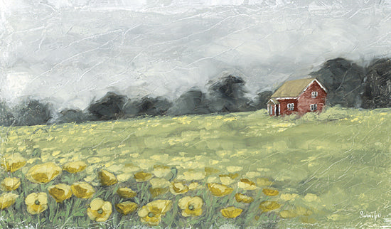 Sara G. Designs SGD321 - SGD321 - Cottage in the Meadow - 18x9 red farmhouse in field, yellow flowers meadow, rural landscape from Penny Lane