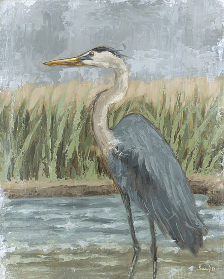 Sara G. Designs SGD372 - SGD372 - Braving the Storm - 12x16 animals, landscape, birds, wildlife, lakes, greenery, heron, marsh, reeds, cloudy sky, painterly, moody, oil painting, gray from Penny Lane