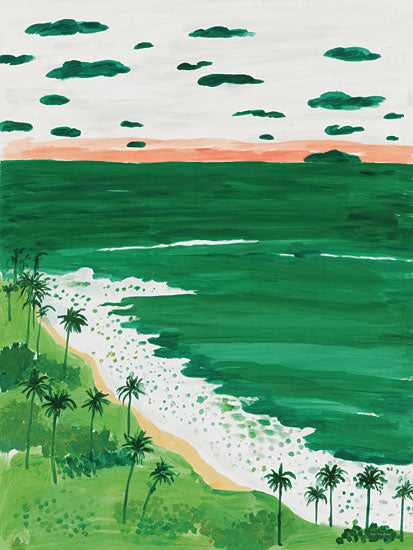 Seven Trees Design ST1302 - ST1302 - Emerald Tide - 12x16 coastal, landscape, botanical, beach, tropical, trees, sky, palm trees, ocean, waves, shoreline, clouds, sunset, whimsical, decorative, gouache, green from Penny Lane