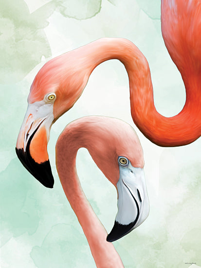Catch A Star Fine Art STAR345 - STAR345 - Flamingo Fusion - 12x16 Flamingos art, two pink birds, tropical wildlife, watercolor background, green and pink contrast, exotic animals, realistic bird illustration from Penny Lane