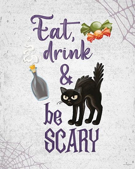 Catch A Star Fine Art STAR392 - STAR392 - Be Scary - 12x16 eat, drink and be scary, halloween quote, purple typography, black cat, potion bottle, candy, spiderweb corners, spooky sign art, playful halloween decor, seasonal word art, whimsical holiday print, festive october saying, illustrated halloween icons, party decor, textured background from Penny Lane