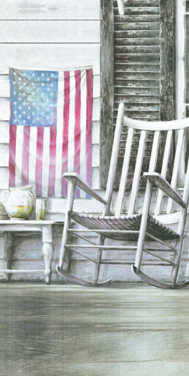 White Ladder WL215 - WL215 - Country Porch     - 12x24 rocking chair, American flag, farmhouse porch, patriotic decor, rustic shutters, front porch scene, americana art, country home, summer porch, vintage style, weathered wood, cozy seating, quiet homestead, painterly porch artwork, rustic Americana, cottage exterior from Penny Lane