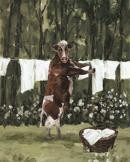 White Ladder WL271 - WL271 - Daisy on Laundry Day - 12x16 Whimsical, cow, Brown & White Cow, Laundry, Sheets, Laundry Basket, Landscape, Trees, Flowers from Penny Lane