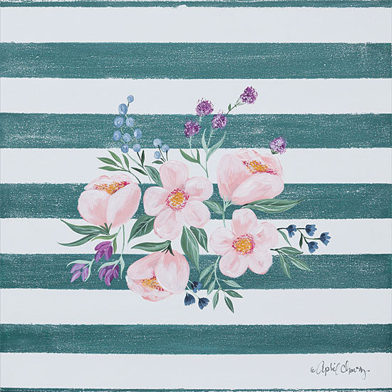 April Chavez AC121 - Among the Flowers I - 12x12 Flowers, Pink Flowers, Blooms, Stripes from Penny Lane