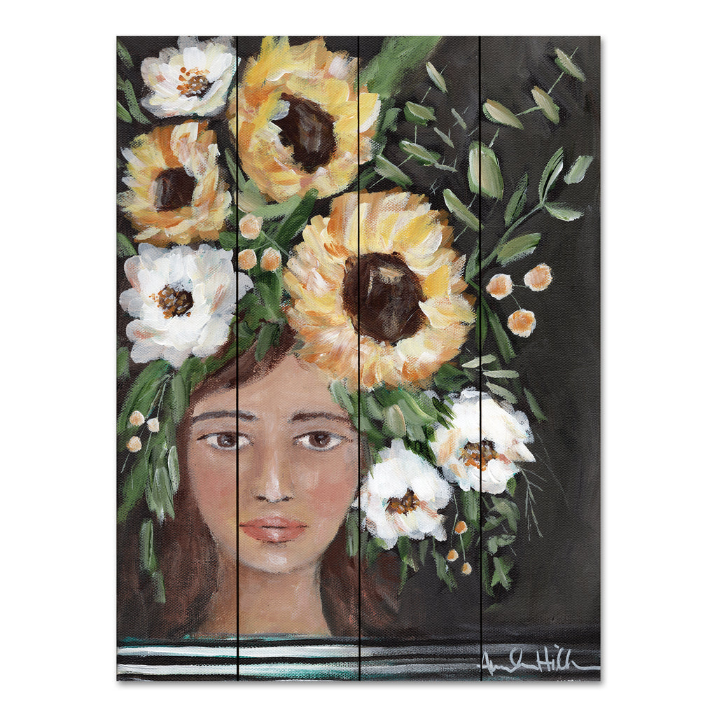 Amanda Hilburn AH101PAL - AH101PAL - Sunflowers for you - 12x16 Floral Crown, Flowers, Sunflowers, Fall,  Girl, Woman, Whimsical, Black Background from Penny Lane