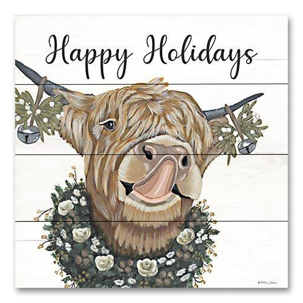 Ashley Justice AJ131PAL - AJ131PAL - Happy Holidays Coraline - 12x12 Christmas, Holidays, Cow, Highland Cow, Whimsical, Typography, Signs, Happy Holidays, Wreath, Bells, Winter from Penny Lane