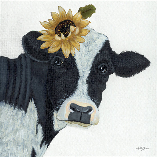 Ashley Justice AJ147 - AJ147 - Sunflower Cow - 12x12 Cow, Black & White Cow, Whimsical, Sunflowers, Flowers, Fall from Penny Lane