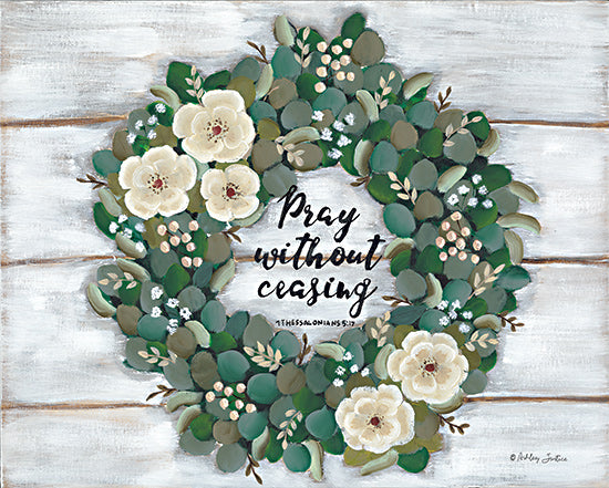 Ashley Justice AJ153 - AJ153 - Pray Without Ceasing - 16x12 Religious, Pray Without Ceasing, Bible Verse, Thessalonians, Typography, Signs, Textual Art, Wreath, Greenery, Flowers, White Flowers, Berries, Wood Background from Penny Lane