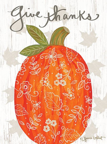 Annie LaPoint ALP2268 - ALP2268 - Give Thanks Boho Pumpkin - 12x18 Thanksgiving, Give Thanks, Pumpkin, Patterned Pumpkin, Bohemian, Leaves, Typography, Signs, Textual Art from Penny Lane
