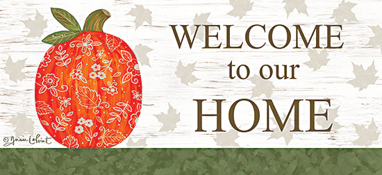 Annie LaPoint ALP2276 - ALP2276 - Welcome to Our Home Pumpkin - 24x12 Welcome, Welcome to Our Home, Fall, Pumpkin, Patterned Pumpkin, Leaves, Patterns, Typography, Signs from Penny Lane