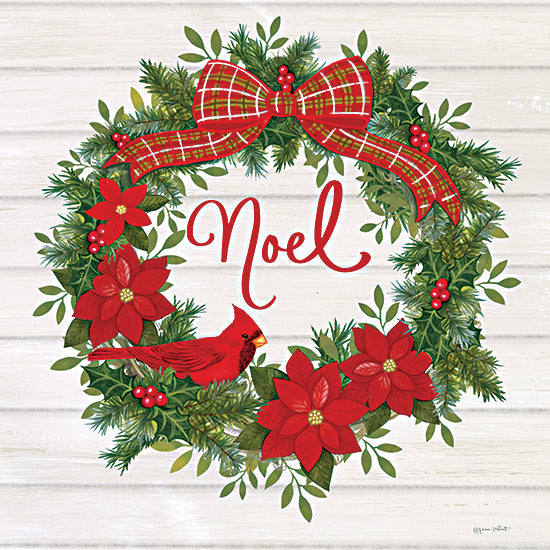 Annie LaPoint ALP2289 - ALP2289 - Noel Wreath - 12x12 Christmas, Holidays, Wreath, Greenery, Poinsettias, Noel, Typography, Signs, Textual Art, Cardinal, Bow, Berries, Ivy, Wood Background from Penny Lane