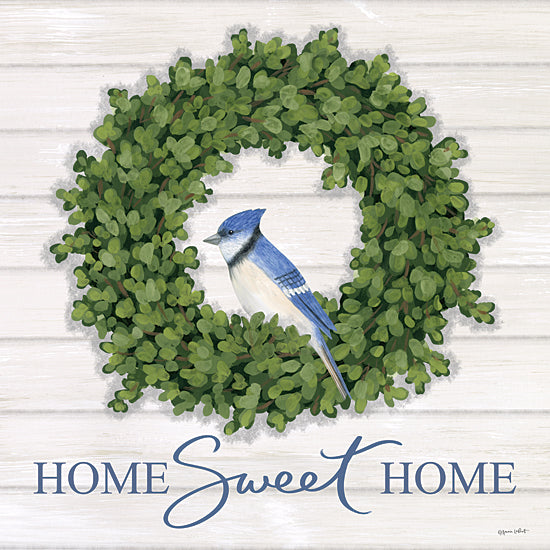 Annie LaPoint ALP2294 - ALP2294 - Home Sweet Home Blue Jay - 12x12 Inspirational, Home Sweet Home, Home, Wreath, Eucalyptus, Bird, Blue Jay, Typography, Signs, Spring, Spring, Cottage/Country from Penny Lane