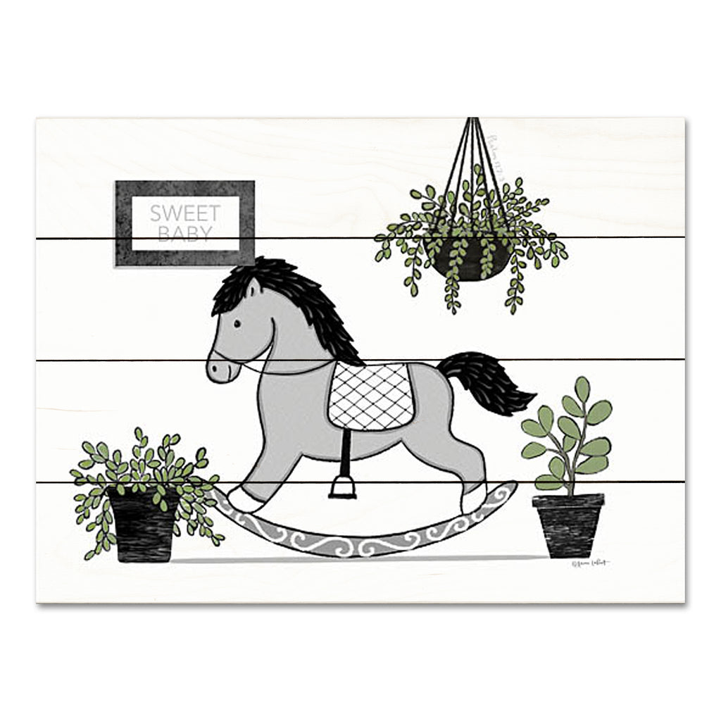Annie LaPoint ALP2360PAL - ALP2360PAL - Baby's Rocking Horse - 16x12 Baby, Baby's Room, New Baby, Rocking Horse, Plants, Green Plants, Still Life, Potted Plants, Bohemian from Penny Lane