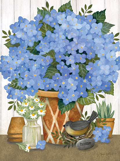 Annie LaPoint ALP2416 - ALP2416 - Heavenly Hydrangeas - 12x16 Flowers, Hydrangeas, Blue Hydrangeas, Potted Flowers, Bird, Clay Pots, Spring, Spring Flowers, Still Life from Penny Lane