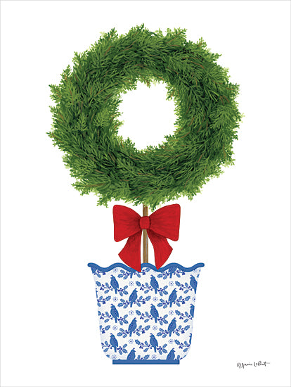 Annie LaPoint ALP2460 - ALP2460 - Christmas Wreath Topiary - 12x16 Christmas, Holidays, Topiary, Christmas Wreath Topiary, Bow, Blue & White Pot from Penny Lane