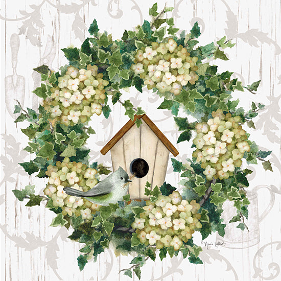 Annie LaPoint ALP2576 - ALP2576 - Birdhouse Wreath - 12x12 Wreath, Floral Wreath, Hydrangeas, White Hydrangeas, Greenery, Bird, Birdhouse, Spring, Patterned Background from Penny Lane