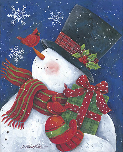 Diane Kater ART1032 - Cheery Snowman with Present - Snowman, Cardinal, Presents, Top Hat, Scarf, Mittens, Holiday from Penny Lane Publishing